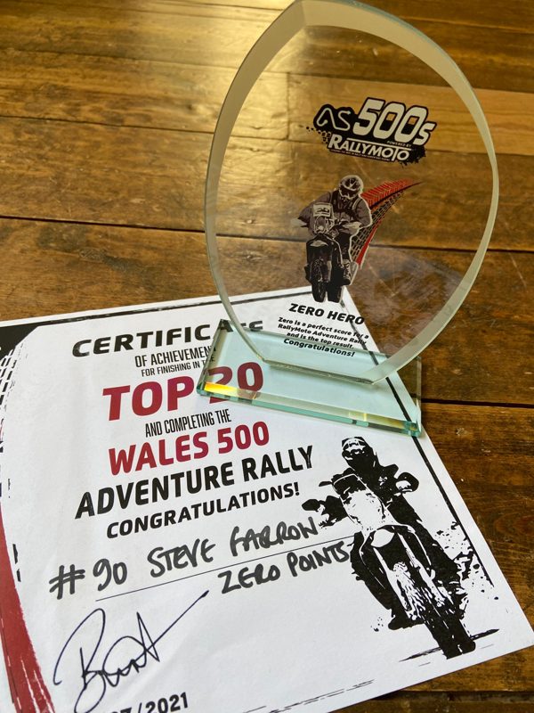 Wales 500 Adventure Rally top 20 certificate and Zero Hero trophy for a perfect score